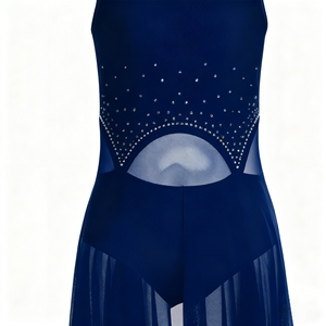Nouvelle robe de danse latine sans manches bleu foncé pour adultes, ensembles pour spectacles sur scène, robe de soirée en mousseline de soie à franges, taille empire - Product Image 3