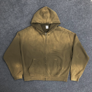 Acid Washing Spray Winter Oversized Zip-Up Hoodie 420g 100% algodón personalizado Casual Vintage sudadera desgastada - Product Image 1