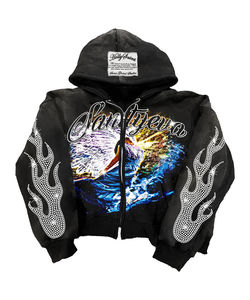 Sudadera Personalizada de Estilo Urbano, Gruesa, con Lavado Ácido Desgastado, de Algodón, Corte Holgado y Recortado, con Detalles de Pedrería - Product Image 1