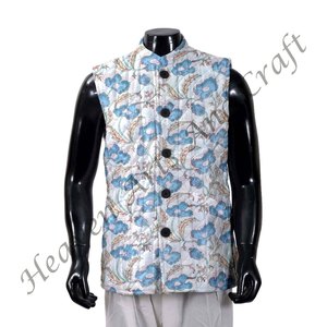 Chaqueta acolchada hecha a mano para hombre, diseño de algodón Floral sin mangas, lavable a mano, estilo bohemio, chaqueta de algodón con estampado de bloques - Product Image 3