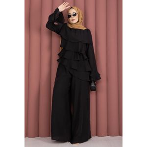 Conjunto de Dos Piezas Negro para Mujer, Túnica de Crepé Floral con Pantalones, Capas con Volantes, Largo Corto, Decoración con Logotipo, Trajes Formales de Verano, Talla XS - Product Image 4