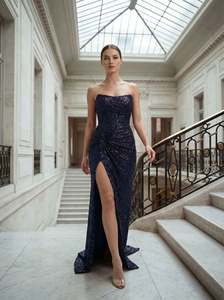 Wholesale Modern Luxury Embroidered Fitted Evening Strapless Straight Long Gown Built-in <b>Bra</b> Elegant Women Party Burgundy Green - Product Image 3