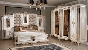 Ensemble de chambre à coucher antique français en bois massif sculpté, lit double rembourré, armoire, mobilier de chambre principale de villa - Product Image 5