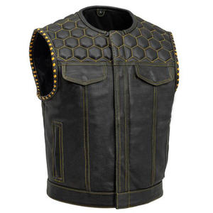 Gilet en cuir de moto respirant pour motards professionnels coutures contrastées gilet de motard en peau de vache en cuir noir perforé - Product Image 3