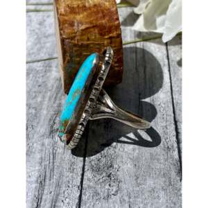Navajo Handmade <b>Statement</b> <b>Ring</b> Kingman Turquoise & Sterling <b>Silver</b> Size 8.5 Bezel Set with Natural Stone Everyday Wear - Product Image 4