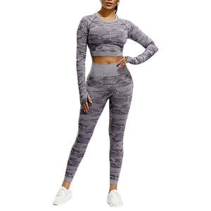 Ensemble de sport sans couture pour femmes, haut court à manches longues, leggings de yoga à taille haute élastique - Product Image 2