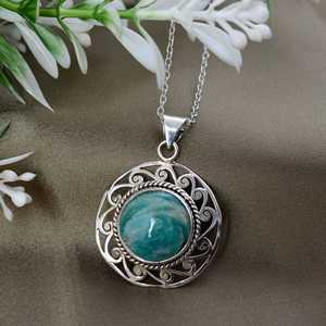 <b>Boho</b> Amazonite <b>Necklace</b> Ethnic Brass Jewelry Women Silver Plated Filigree Pendant Tribal Circle Wholesale - Product Image 1
