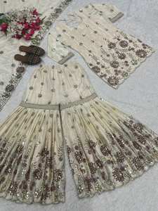 Mujeres indias de moda Faux Georgette boda Choli estilo paquistaní bordado trabajo con pesado Kurta Sharara Dupatta vestido tela - Product Image 6