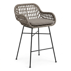 Chaise de salle à manger d'extérieur tressée grise avec structure en tuyau de fer, cordes synthétiques, coussin en tissu d'extérieur Sr10, design artistique et décoratif - Product Image 1
