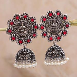 Best Selling High Grade Pink Crystal Geometric Stud Earrings Oxidised <b>Silver</b> Long <b>Jhumka</b> Earrings for Women & Girls - Product Image 1