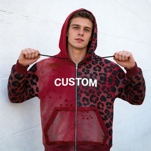 Sweat-shirts à capuche décontractés pour hommes, bordeaux, imprimé léopard, effet vieilli, tie-dye, en coton, avec fermeture éclair, logo personnalisé, coupe oversize, élégants et confortables - Product Image 1