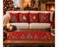 Chemin de table moderne imperméable 100 % coton à carreaux de Noël avec broderie et ensemble de coussins assortis pour la décoration des fêtes KE-R10