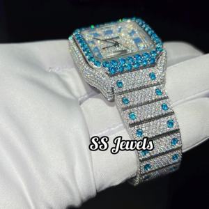 Montre de luxe unisexe glacée VVS Moissanite diamant en acier inoxydable montre en verre pierre précieuse bleue 41mm diamètre ETA mouvement mécanique passe - Product Image 4