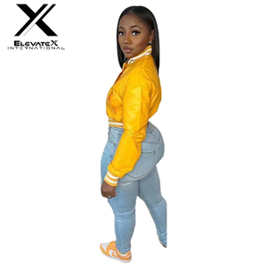 Veste universitaire matelassée en coton uni coupe courte coupe-vent pour femme, style baseball en cuir de vache, collection automne-hiver 2024 - Product Image 5