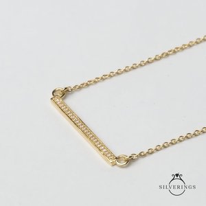 Collier en argent sterling 925 Silverings à motif géométrique, barre dorée avec zircon et alliage de zinc, idéal pour un cadeau - Product Image 1