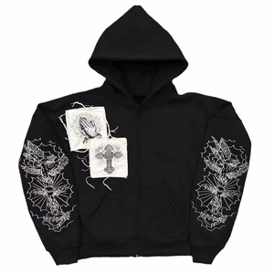 Sudadera con capucha de algodón 100% de gran tamaño y pesado de alta calidad, cremallera completa térmica, bordado desgastado, todos los colores disponibles, Navidad - Product Image 2