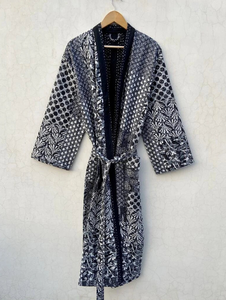 Veste Kantha en coton faite à la main Vintage Block Print Kimono Robe Ethnique Style Boho Noir Manteau Matelassé Gratuit Hiver Léger - Product Image 6
