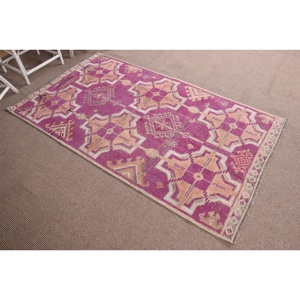 4x7.2 ft Rug, Turkish Vintage Rug, Pink <b>Yellow</b> Check <b>Wool</b> Rug - Product Image 3
