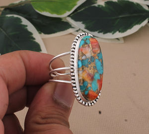 925 Sterling Silver Handmade Oval Spiny Oyster & Turquoise Inlay <b>Ring</b> Vintage Boho Statement Jewelry for Women - Product Image 4