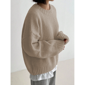 Pull ample à col rond et épaules tombantes pour femme, bleu marine, tricoté, manches longues, tenue décontractée - Product Image 5