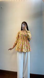 Élégant femmes été coton chemise robe décontracté hauts manches longues imprimé fleuri main bloc tissé tendance solide lavable naturel - Product Image 2