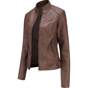 Veste en cuir véritable pour femme à manches longues, col montant, décontractée, imperméable, respirante, rembourrage en polyester tricoté pour l'hiver - Product Image 6