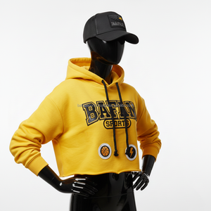 Haut à capuche pour femme de qualité supérieure, tissu en polaire doux 300 GSM, couleur jaune, avec logo personnalisé brodé et design de patch imprimé - Product Image 4