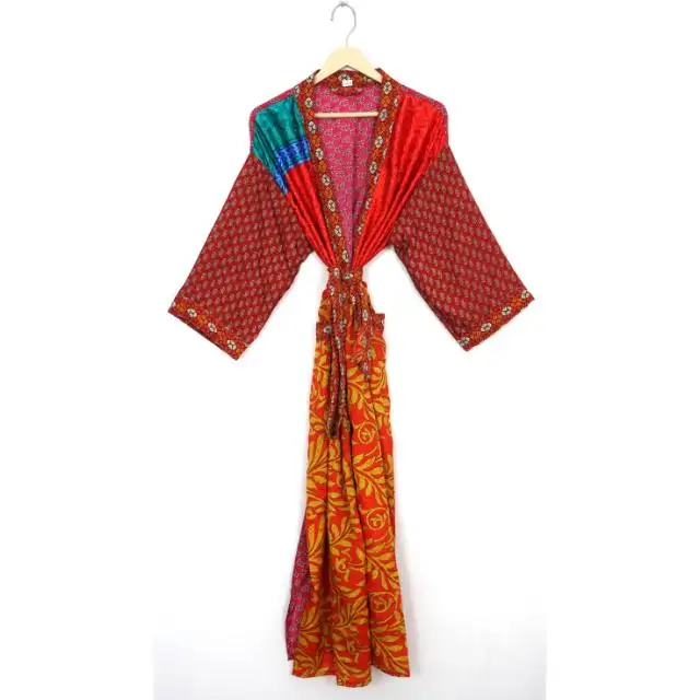 Kimono Vintage para Dama de Honor, Batas Kimono para Mujer, Kimono de Seda India, Batas Sari, Kimono de Seda Floral, Vestido Maxi de Seda