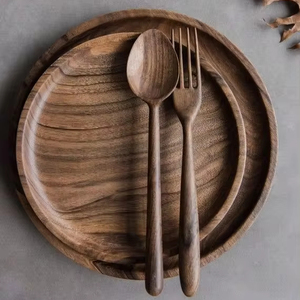 Assiettes rondes en bois Plateau en bois d'acacia Assiette ronde Plateau de cuisine Vaisselle polyvalente pour plats Snack Dessert - Product Image 1