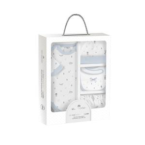 Ensemble de 5 vêtements pour nouveau-nés - Motif renard bleu Animalitos 100% coton Comprend un bonnet, des gants et un bavoir - Pour 0-6 mois - Product Image 1