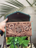 Casing ponsel dompet berukir tangan, dompet ponsel kulit barat banyak kegunaan modis untuk wanita