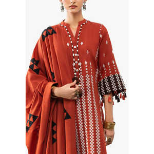 Conjunto de Traje de 3 Piezas Estilo Bohemio para Mujer con Patrón Geométrico y Decoración de Borlas, Corte Holgado y Largo, MJ-52027 - Product Image 1