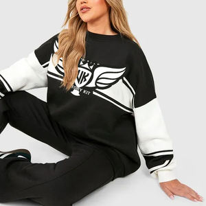 เสื้อสเวตเชิ้ตผู้หญิงสไตล์สตรีทแวร์แบบคัลเลอร์บล็อก คุณภาพสูง ผ้าฟลีซคอตตอน แขนยาว คอกลม - Product Image 1