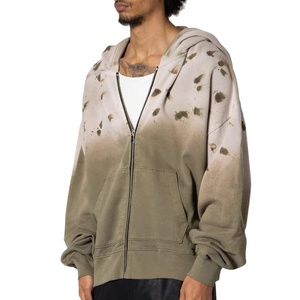 Mens oversized zip up hoodie distressed washed streetwear <b>jacket</b> loose fit heavyweight cotton casual hooded sweatshirt - Product Image 1