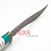 Couteau de survie et de chasse multifonction Jexa en acier Damas fait main, avec manche en os turquoise, léger et semi-émaillé