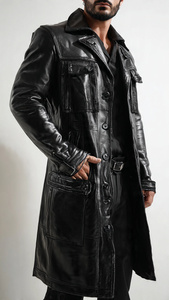 Otoño Invierno largo abrigo de cuero negro gabardina de cuero de vaca para hombre adulto nuevo abrigo largo de cuero genuino para hombre - Product Image 6