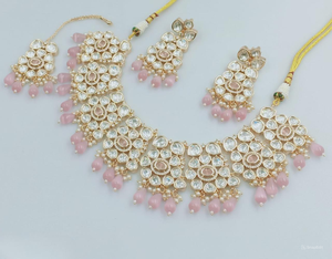 Fleur élégante Kundan & Drop indien fantaisie traditionnel & GoldTone Kundan perle collier ras du cou ensemble avec boucle d'oreille assortieMangtika ensemble - Product Image 1