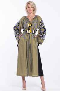 Caftán de verano de moda para mujer, venta al por mayor, vestido largo bordado de Color claro, estampado étnico ucraniano Formal en satén de lino - Product Image 6