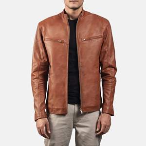 Chaqueta de motorista marrón icónica para hombre, cremallera de anilina de piel de oveja auténtica con forro de viscosa acolchado y bolsillos exteriores interiores - Product Image 6