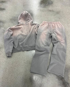 Custom Heavyweight Oversized Acid Wash Screen Printing Sleeve Embroidery Rhinestone Distressed Sweatpants Jogger Tracksuit Set - Product Image 3