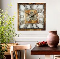 Grande horloge murale carrée en laiton AK en métal et engrenages en bois de couleur bois antique et naturel pour la décoration intérieure/décoration murale