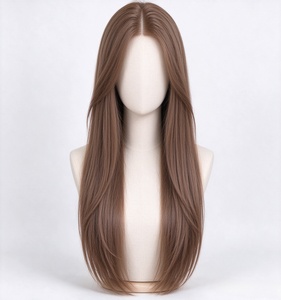 Peluca de Cabello Humano 100%, Larga y Lisa, Color Castaño Claro, Aspecto Natural, con Raya al Medio, Peluca de Moda para Mujer - Product Image 1