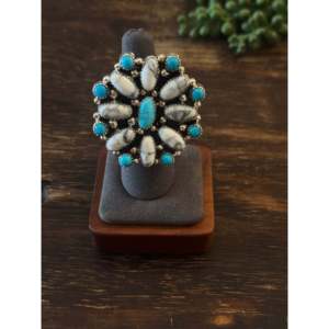 Navajo-Handmade Trendy Sterling Silver Multi-Stone <b>Adjustable</b> Cluster <b>Ring</b> Turquoise Bezel One Size Fits All Perfect Gift - Product Image 1