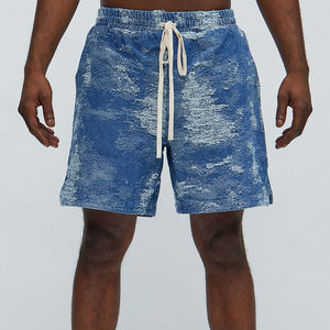 Mens casual blue textured drawstring shorts with an abstract washed pattern <b>elastic</b> <b>waistband</b> and relaxed fit for summer - Product Image 1