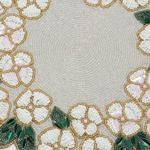 Handmade Classic Style Green & White Floral Design round Glass <b>Beaded</b> <b>placemat</b> for Dining Table & Home Decor - Product Image 2