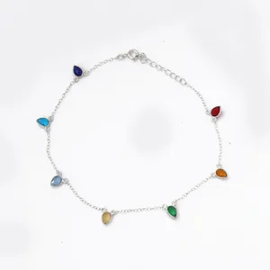 Women's Bohemia Style 18K Gold Plated Sterling <b>Silver</b> Anklet with Multi-Color Zircon Pear Cut Charms Bezel Set Jewelry Gift - Product Image 3