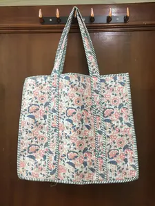 Bolso de mano acolchado de algodón con estampado de bloques hecho a mano, bolso de compras ecológico, bolso de hombro de mercado Hippie bohemio para mujer, decorativo Floral - Product Image 3