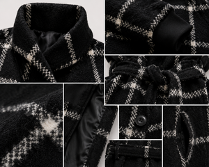 Manteau long ceinturé à carreaux noirs pour femme, style windowpane, en mélange de laine doux, idéal pour l'automne et l'hiver - Product Image 4