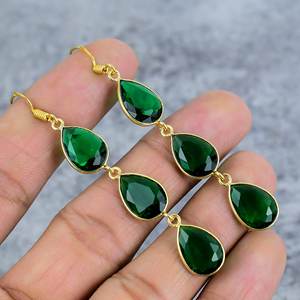 ต่างหูพลอยสามเม็ดชุบโครเมียม925ต่างหูเงินสเตอร์ลิงต่างหูรูปลูกแพร์ทำด้วยมือ - Product Image 1