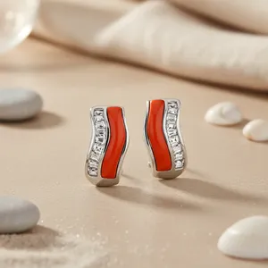 Boucles d'oreilles tendance en argent, zircon orange, perle et diamant, plaqué rhodium, bijoux religieux à la mode pour femmes, pour les fêtes, cadeaux - Product Image 2